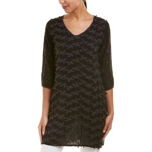 Johnny Was Black Cupra Rayon Embroidered V Neck Tunic Mini Dress Womens M